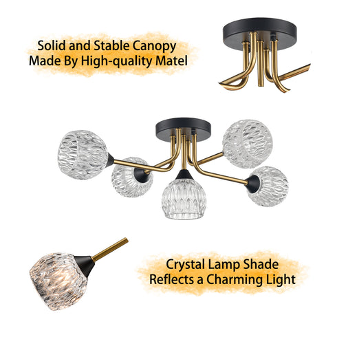 Modern Crystal Ceiling Light Fixture Contemporary 5-Lights Sputnik Chandelier Black and Gold Industrial Semi Flush Mount Ceiling Light